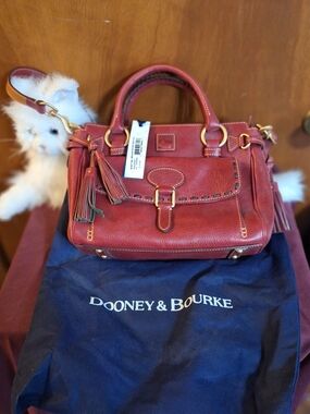 Dooney & Bourke Red Leather Satchel with Tassels and Gold Hardware
